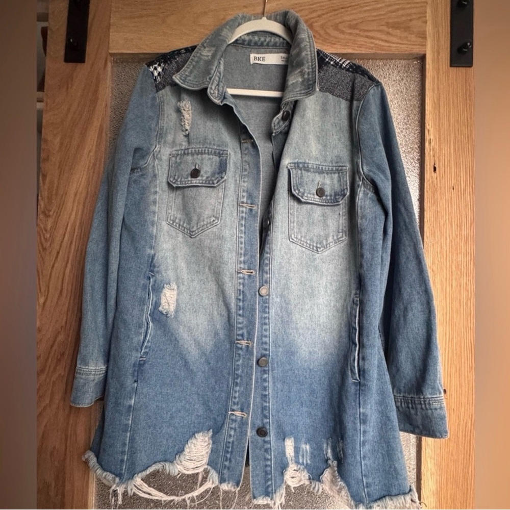 BKE Patchwork Back Distressed Denim Jacket Small … - image 4